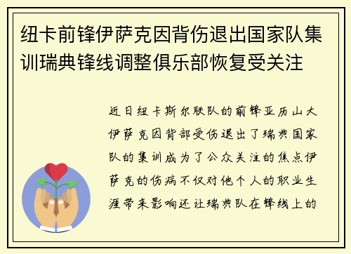 纽卡前锋伊萨克因背伤退出国家队集训瑞典锋线调整俱乐部恢复受关注