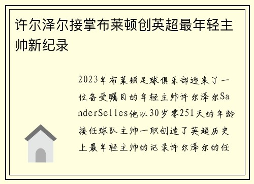 许尔泽尔接掌布莱顿创英超最年轻主帅新纪录